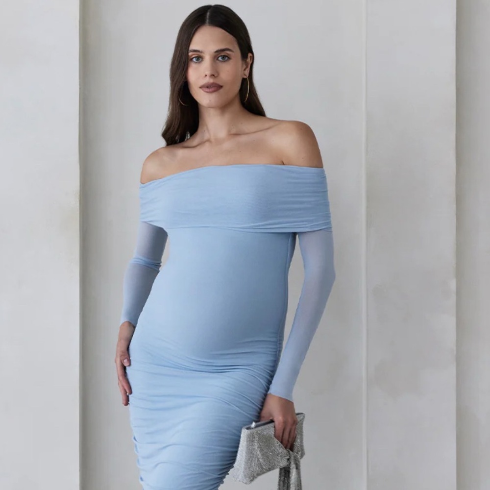Chic Off-Shoulder Maternity Long Sleeve Dress in Light Blue